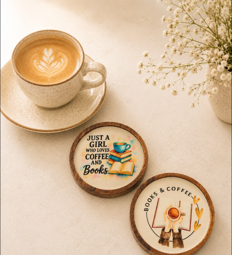 Wooden Coffee & Books coasters