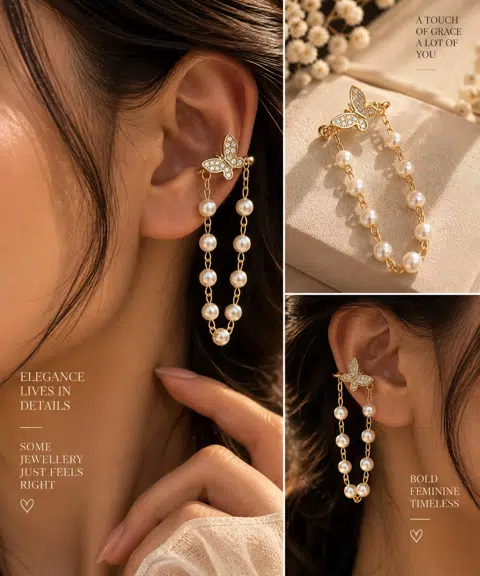 Exclusive Butterfly and Pearl Ear Cuffs