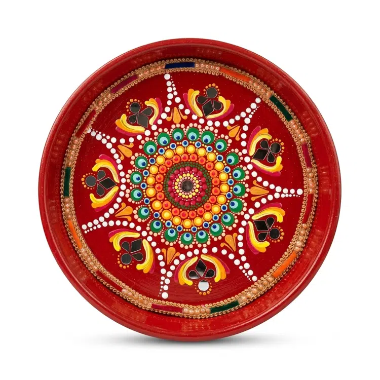 Hand-Painted Dot Mandala Pooja Thali, Karwa Chauth Special, 10 inch