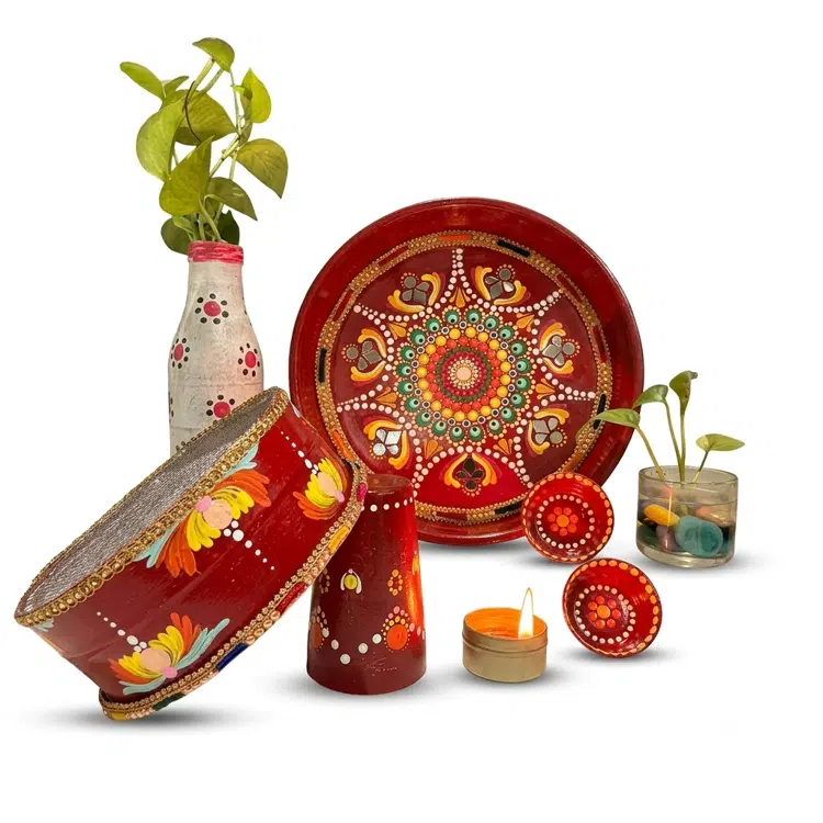 Hand-Painted Dot Mandala Pooja Thali, Karwa Chauth Special, 10 inch