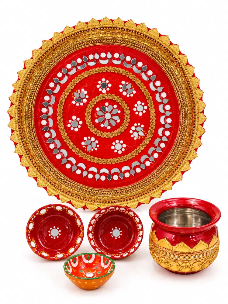 Handcrafted lace and mirror work Pooja Thali Set