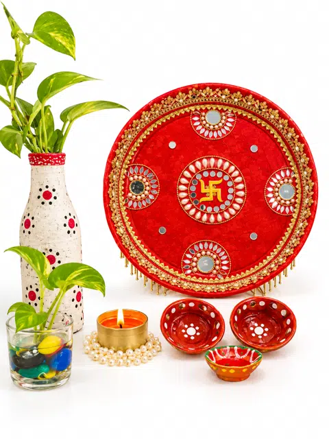 Handcrafted Orange Moti and Lace Work Pooja Thali set