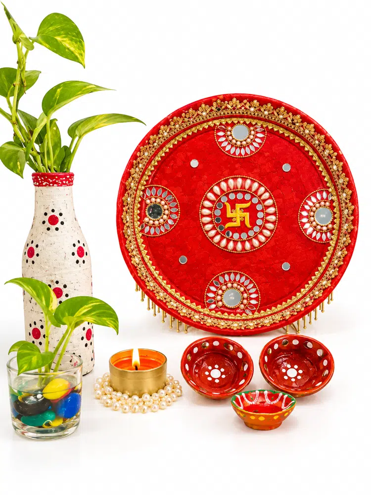 Handcrafted Orange Moti and Lace Work Pooja Thali set