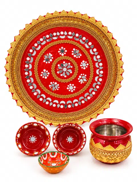 Handcrafted lace and mirror work Pooja Thali Set