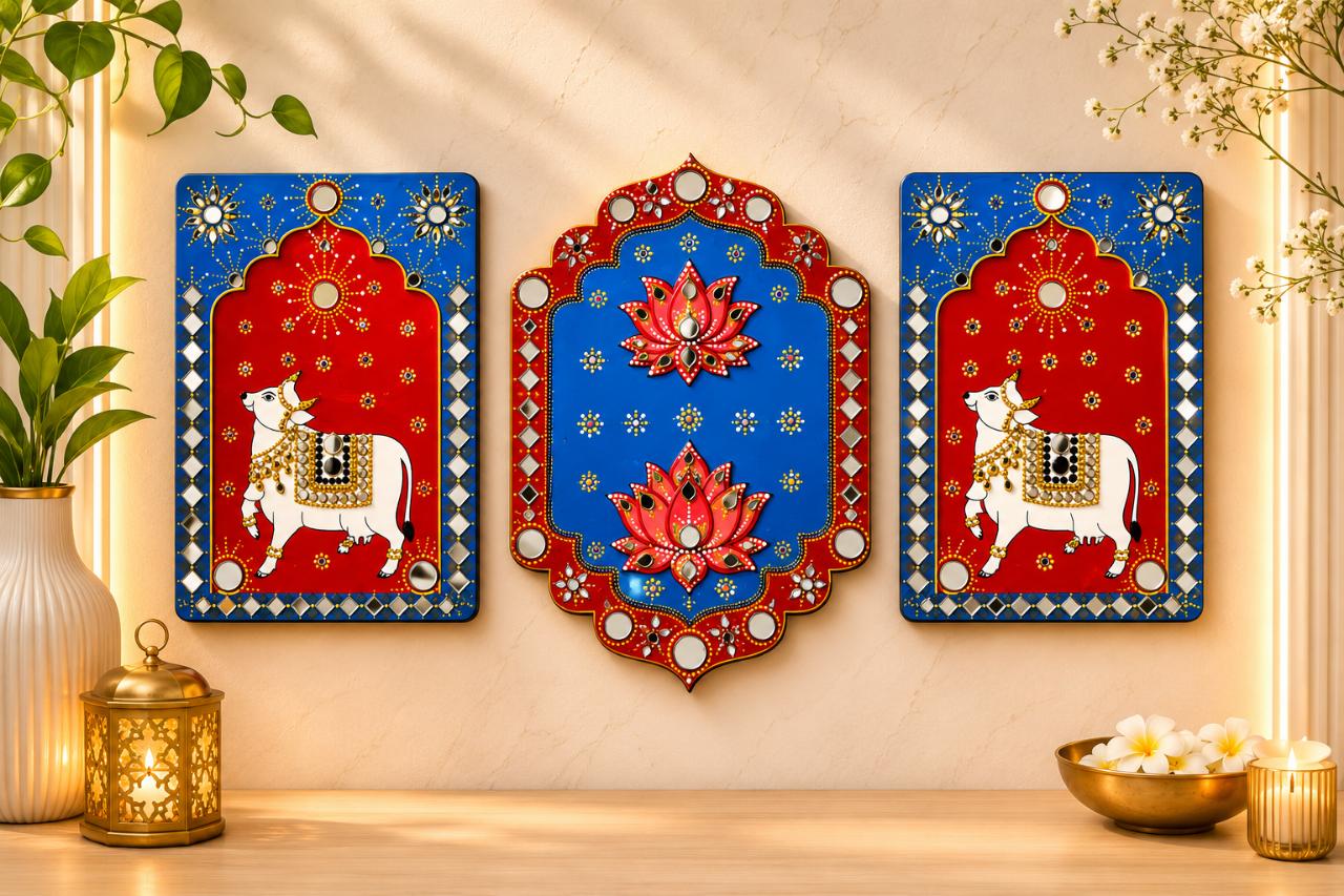 Set of 3 Pichwai with Lotus & Cow