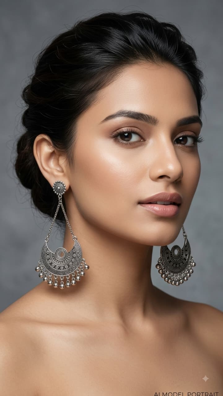 Silver oxidised Long chandbali earrings