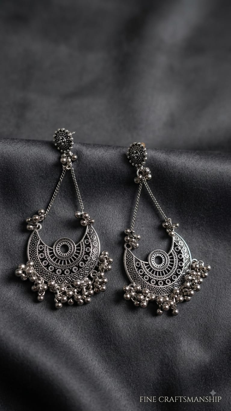Silver oxidised Long chandbali earrings