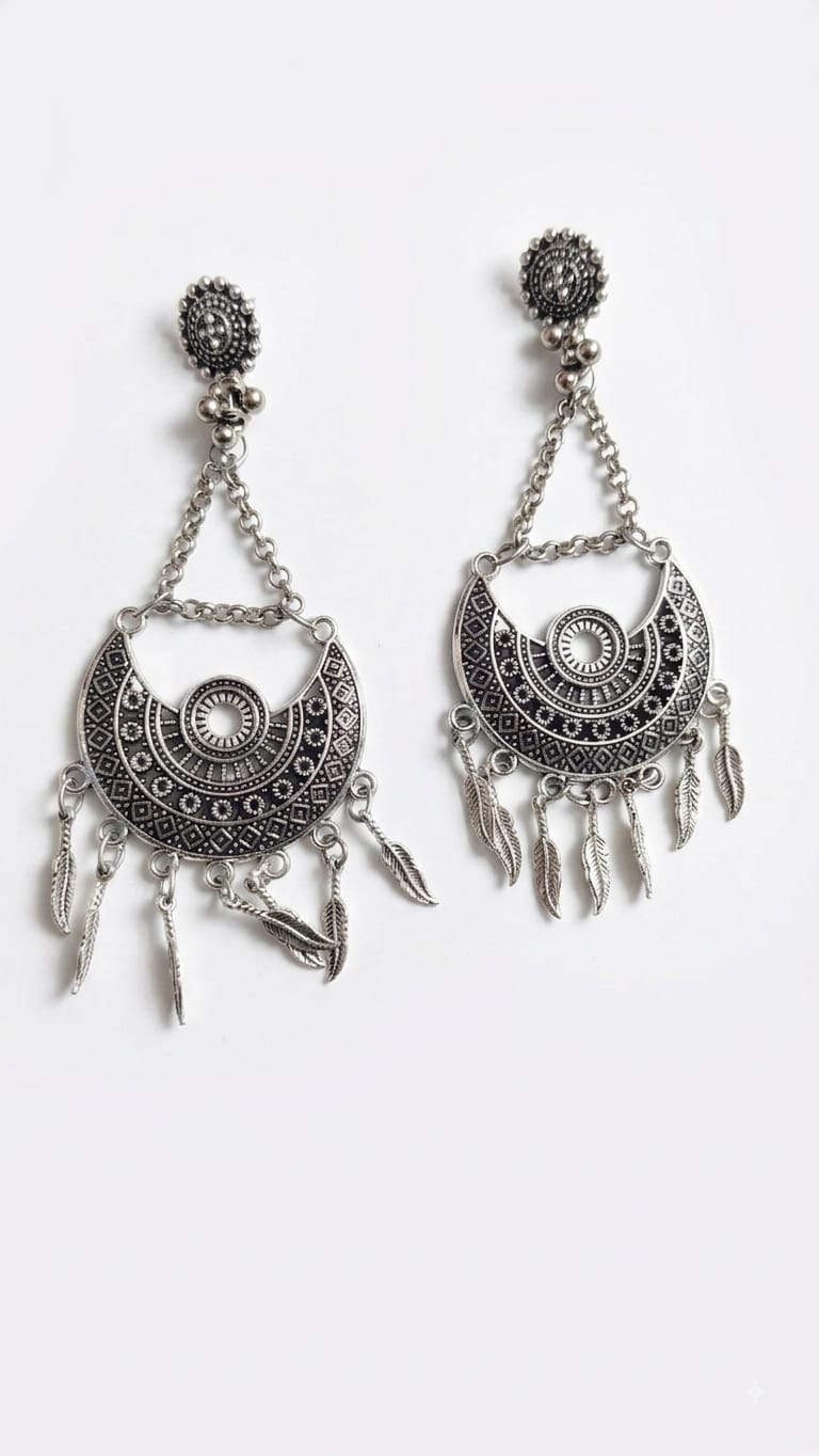 Silver oxidised Long chandbali earrings
