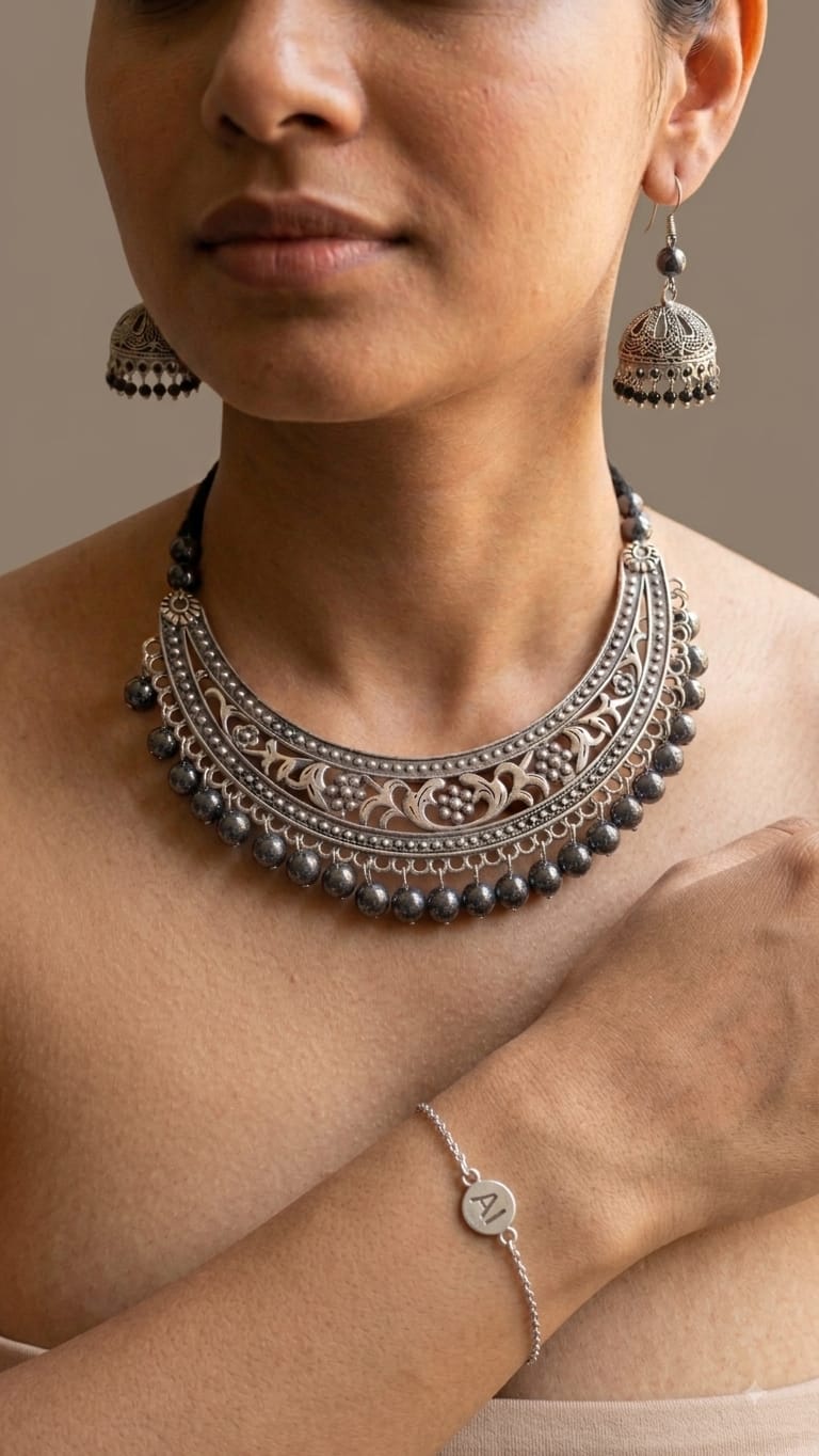 Silver oxidised necklace