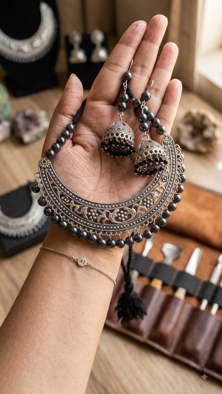 Silver oxidised necklace
