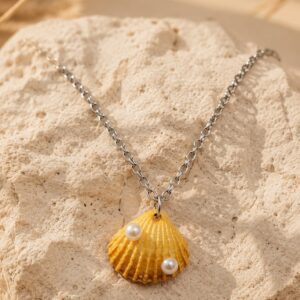 Golden Seashell Pearl Handmade Clay Pendant Necklace