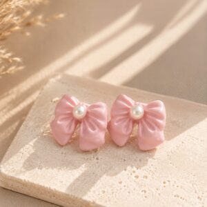 Handmade Clay Pink Bow Studs