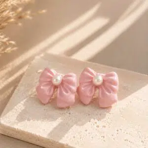 Handmade Clay Pink Bow Studs