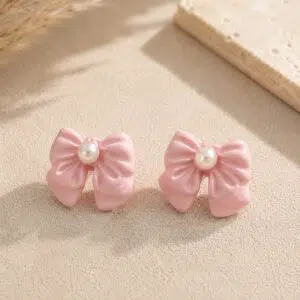 Handmade Clay Pink Bow Studs