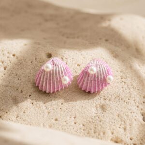 Pink Seashell Pearl Handmade Clay Stud Earrings