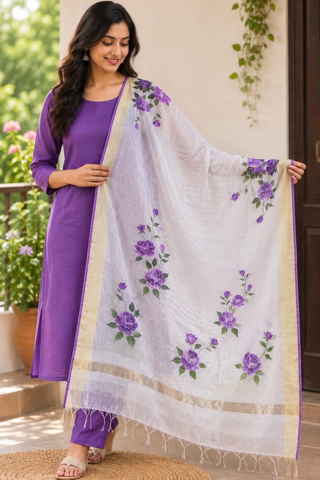 Hand-Painted Purple Rose Dupatta