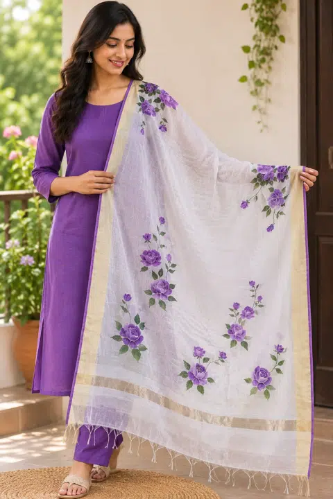 Hand-Painted Purple Rose Dupatta