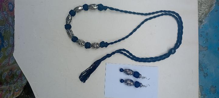 Blue Macrame Bead Necklace with Earrings