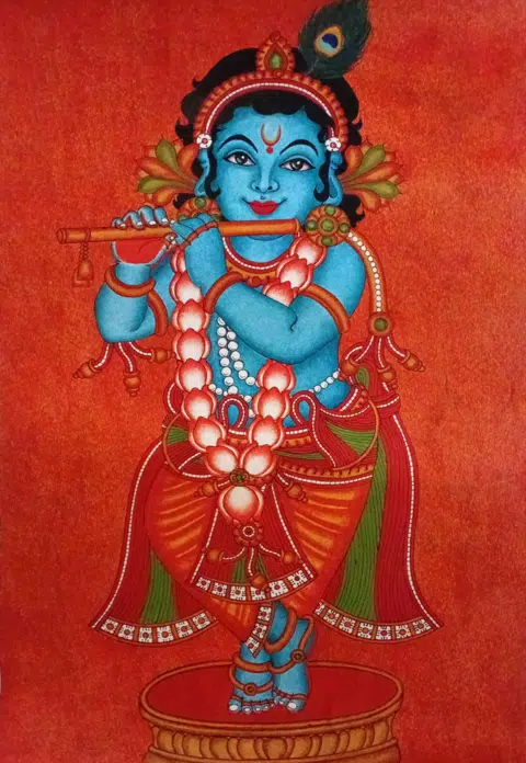 Krishna's Flute, Hand-Painted in Mural Style
