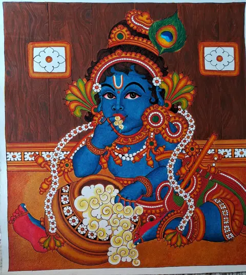Little Krishna's Mischief — Traditional Kerala Mural Art