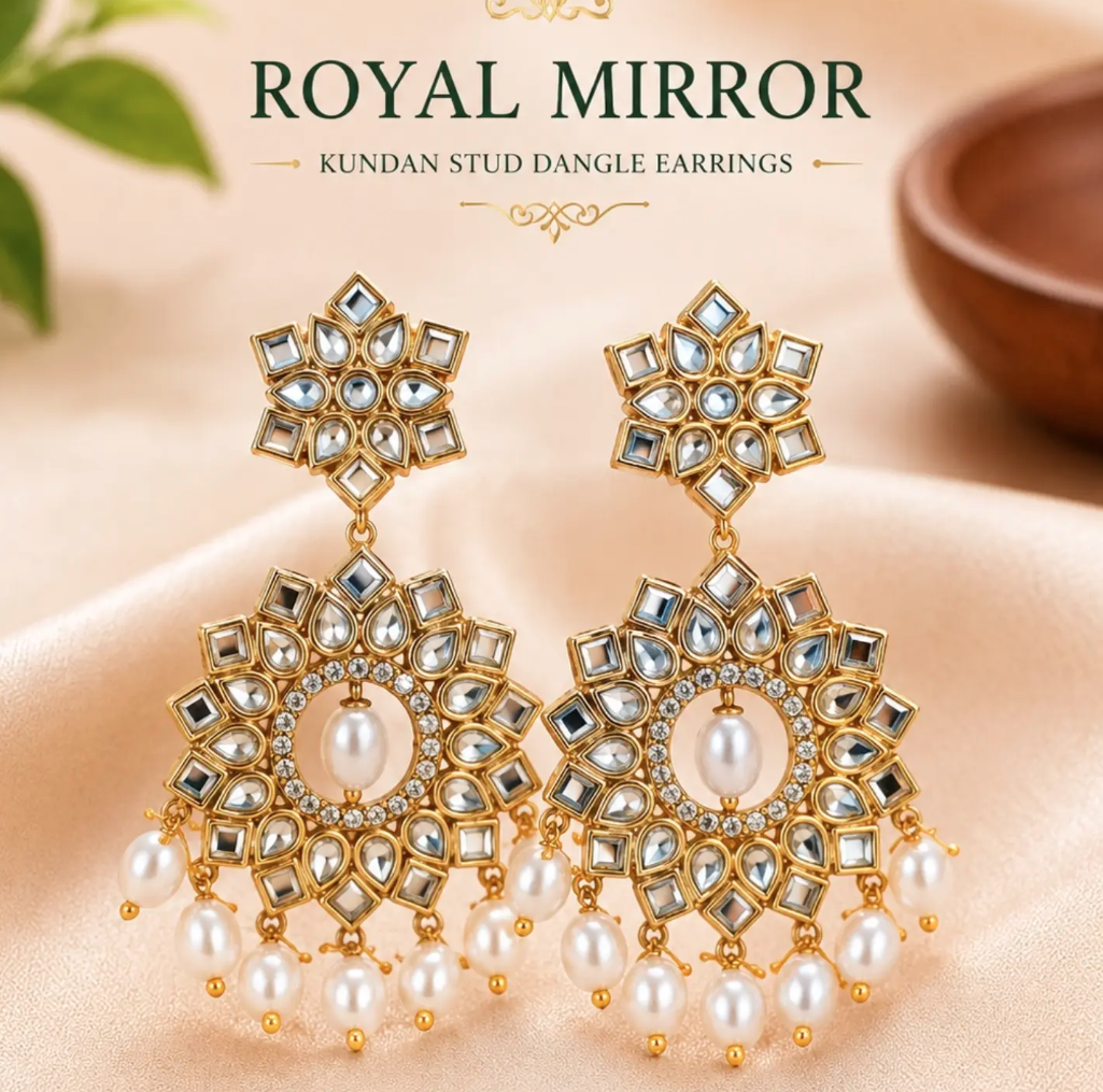 Royal Mirror Kundan Stud Dangle Earrings