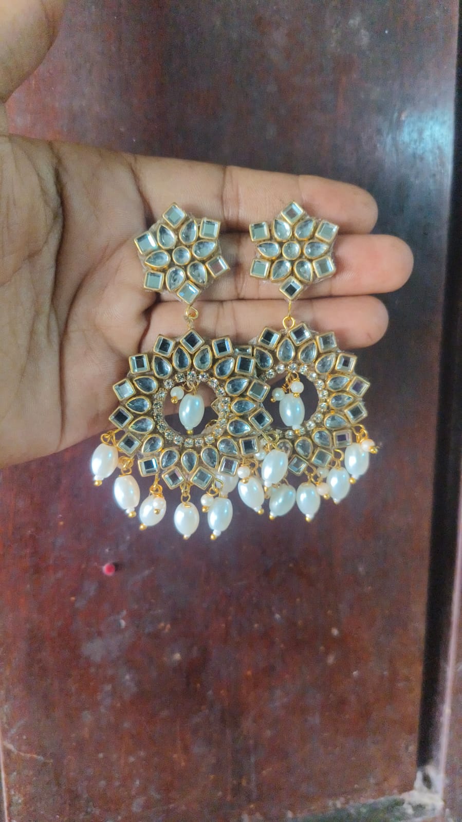 White Stone Pearl Chandbali Earrings