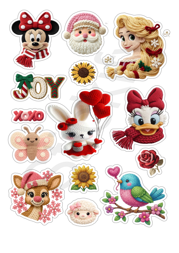 Premium 3D Knit-Effect Character Sticker Sheet – Cozy Yarn-Texture Die-Cut Decals (Minnie, Rapunzel,