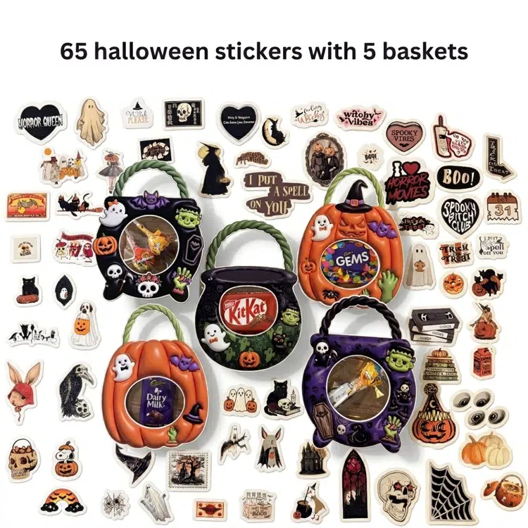Halloween Sticker Pack: 65 Stickers + 5 Treat Baskets